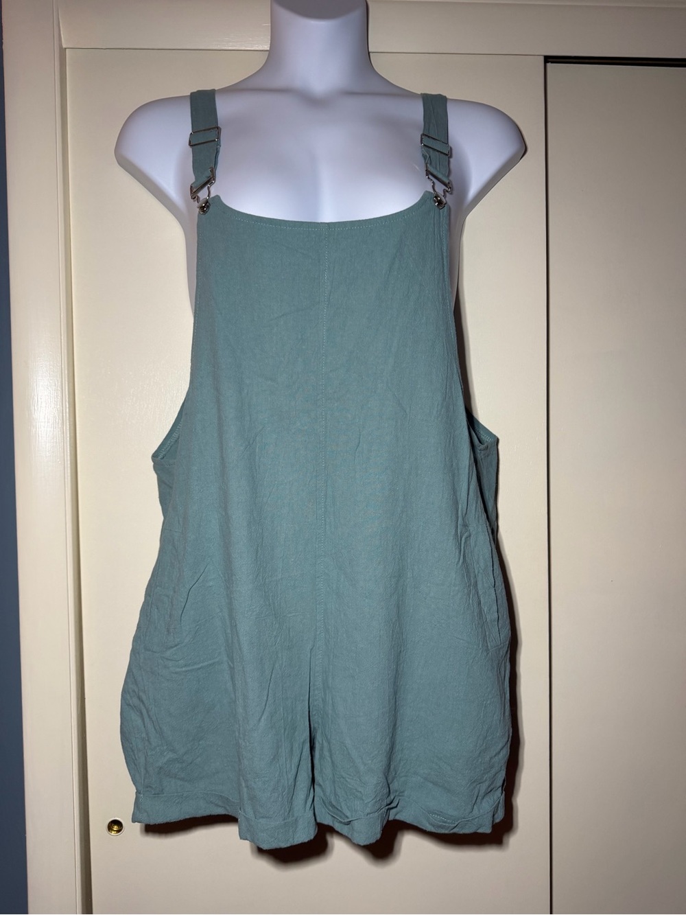 Teal Linen-Blend Overalls Romper w/pockets Size XL Adjustable Straps